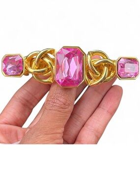 Vintage Gold Chain Hair Clip with Pink Faceted Gemstone Accent